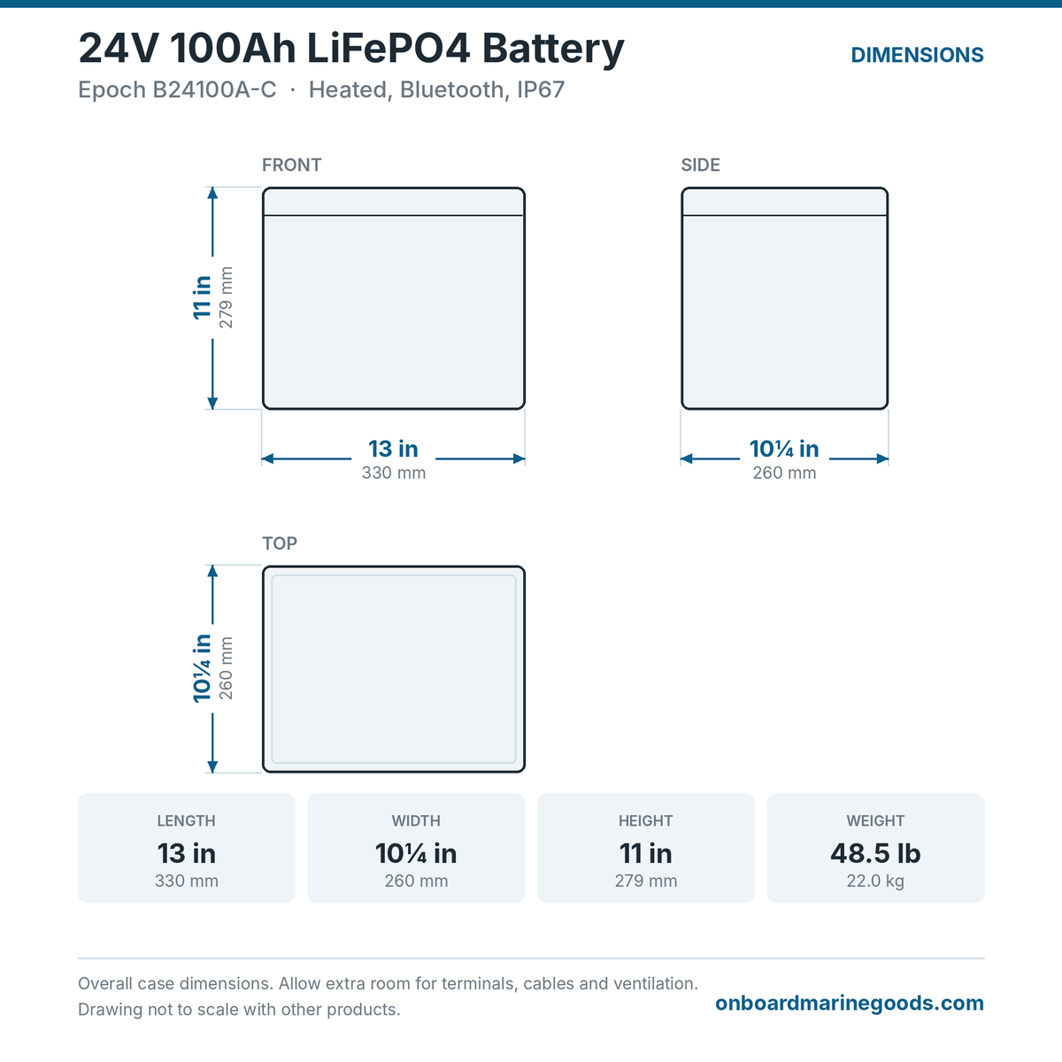 Epoch 24V 100Ah LiFePO4 Battery B24100A-C dimensions: 13 x 10.25 x 11 in (330 x 260 x 279 mm), 48.5 lb