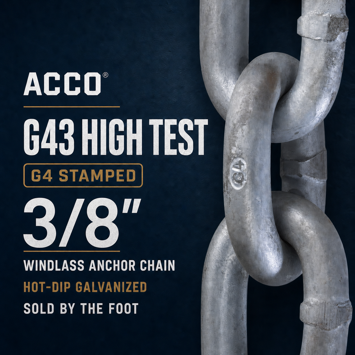 Acco G43 High Test 3/8 inch windlass anchor chain, hot-dip galvanized, shown with a close-up of the stamped G4 quality on the chain against a dark navy background with product text.