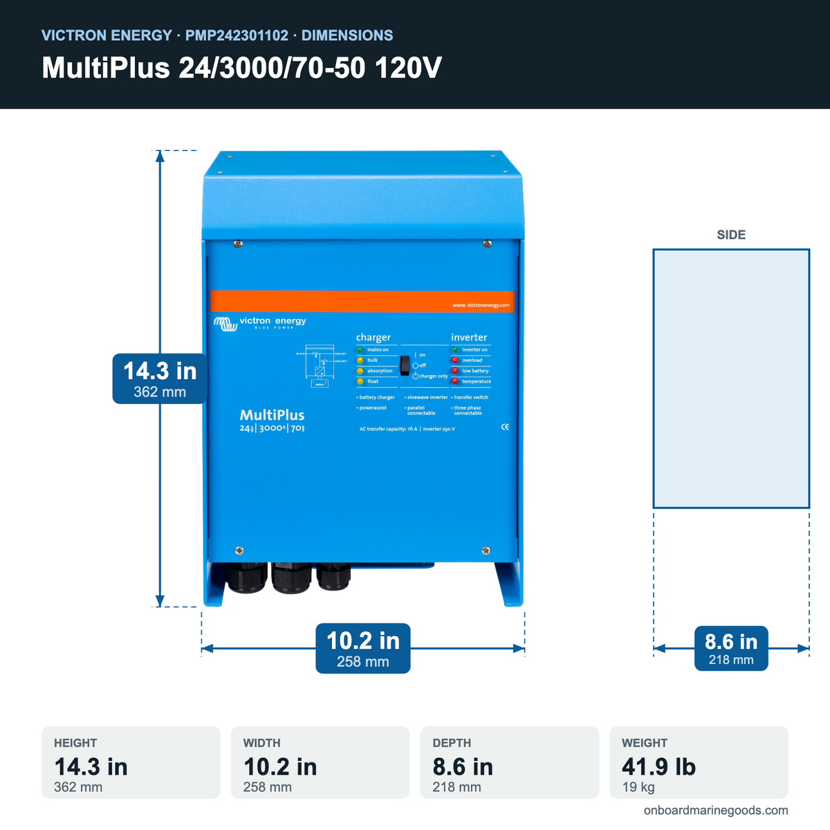 Victron MultiPlus 24/3000/70-50 120V PMP242301102 dimensions: 14.3 x 10.2 x 8.6 in (362 x 258 x 218 mm), 41.9 lb