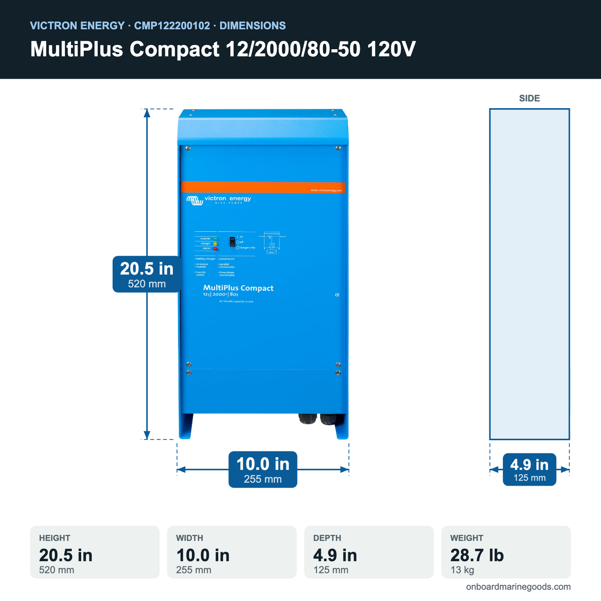 Victron MultiPlus Compact 12/2000/80-50 120V CMP122200102 dimensions: 20.5 x 10.0 x 4.9 in (520 x 255 x 125 mm), 28.7 lb