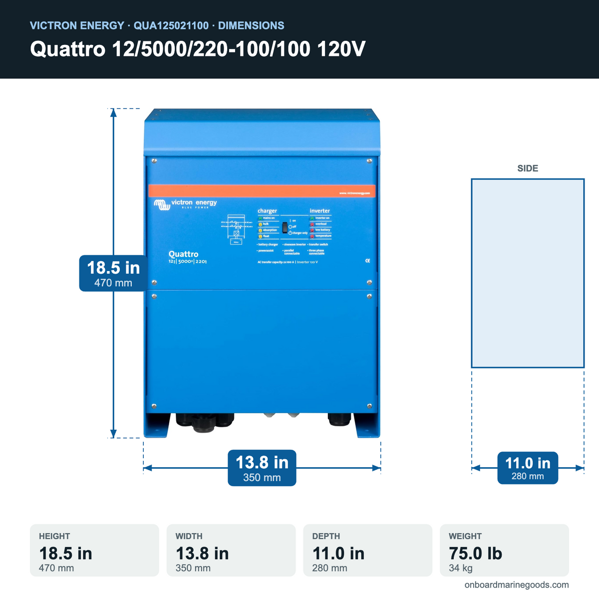 Victron Quattro 12/5000/220-100/100 120V QUA125021100 dimensions: 18.5 x 13.8 x 11.0 in (470 x 350 x 280 mm), 75.0 lb