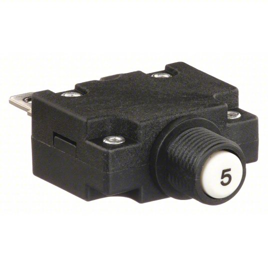 Panel Mount Circuit Breaker: 5 A Amps, 125/250V AC, 32V DC, 11mm Collar, 1.78 in Dp, 1/4 in Tab