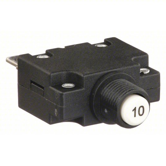 Panel Mount Circuit Breaker: 10 A Amps, 125/250V AC, 32V DC, 11mm Collar, 1.78 in Dp, 1/4 in Tab