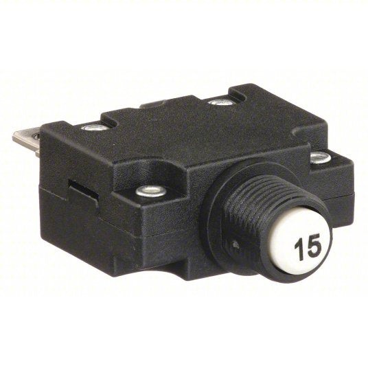 Panel Mount Circuit Breaker: 15 A Amps, 125/250V AC, 32V DC, 11mm Collar, 1.78 in Dp, 1/4 in Tab