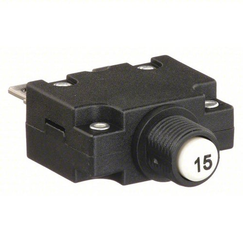 Panel Mount Circuit Breaker: 15 A Amps, 125/250V AC, 32V DC, 11mm Collar, 1.78 in Dp, 1/4 in Tab