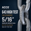 Acco G43 High Test G4 Stamped 5/16 inch windlass anchor chain, hot-dip galvanized, shown as a close-up of the galvanized metal links against a dark navy background with product text.