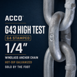 Acco G43 High Test 1/4 inch windlass anchor chain, hot-dip galvanized, shown with a close-up of the stamped G4 chain link on a dark navy textured background with product text.