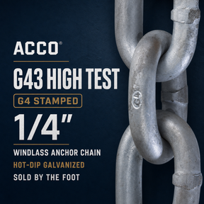 Acco G43 High Test 1/4 inch windlass anchor chain, hot-dip galvanized, shown with a close-up of the stamped G4 chain link on a dark navy textured background with product text.