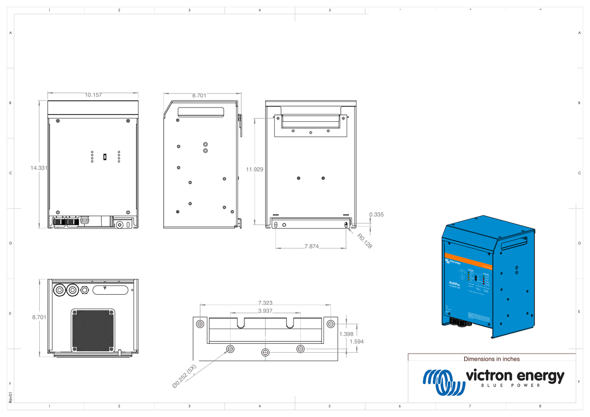 Victron MultiPlus Inverter/Charger 12 VDC - 3000VA - 120vAC w/120AMP Battery Charger - 50AMP Transfer Switch [PMP123021102]