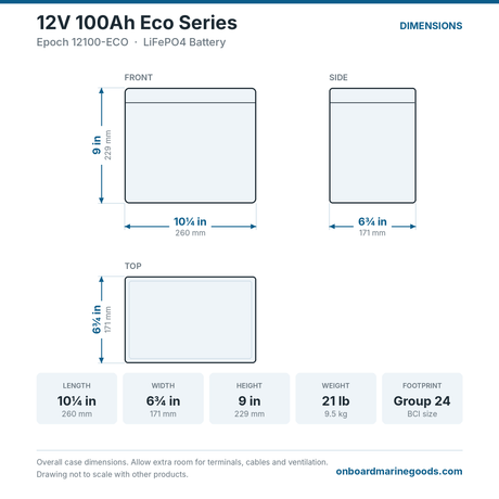 Epoch 12V 100Ah Eco Series 12100-ECO battery dimensions: 10.25 x 6.75 x 9 in (260 x 171 x 229 mm), 21 lb