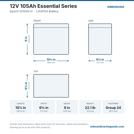 Epoch 12V 105Ah Essential Series 12105A-H battery dimensions: 10.25 x 6.75 x 9 in (260 x 172 x 229 mm), 22.1 lb