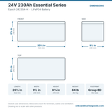 Epoch 24V 230Ah Essential Series 24230A-H battery dimensions: 20.5 x 9.5 x 8.625 in (522 x 240 x 218 mm), 84 lb