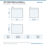 Epoch 12V 50Ah Marine Battery B1250A dimensions: 13 x 10.25 x 11 in (330 x 260 x 279 mm), 22 lb