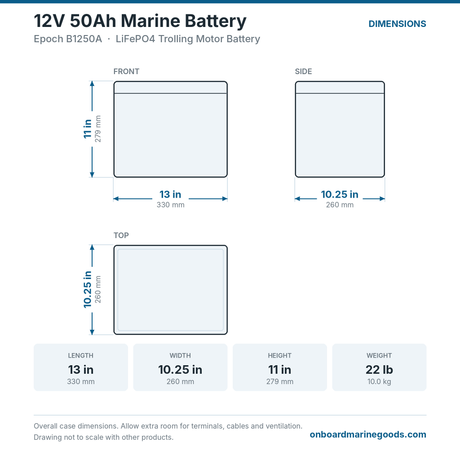 Epoch 12V 50Ah Marine Battery B1250A dimensions: 13 x 10.25 x 11 in (330 x 260 x 279 mm), 22 lb