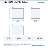 Epoch 24V 100Ah LiFePO4 Battery B24100A-C dimensions: 13 x 10.25 x 11 in (330 x 260 x 279 mm), 48.5 lb