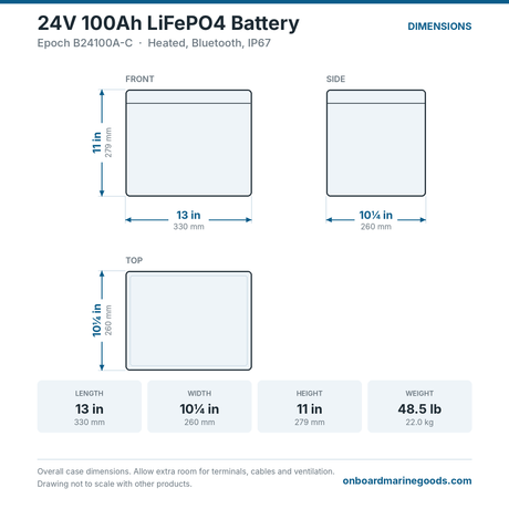 Epoch 24V 100Ah LiFePO4 Battery B24100A-C dimensions: 13 x 10.25 x 11 in (330 x 260 x 279 mm), 48.5 lb