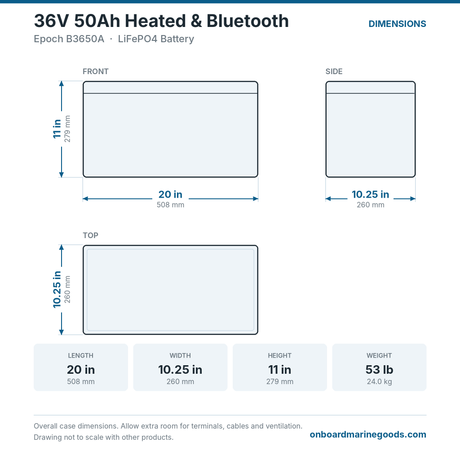 Epoch 36V 50Ah Heated & Bluetooth B3650A battery dimensions: 20 x 10.25 x 11 in (508 x 260 x 279 mm), 53 lb