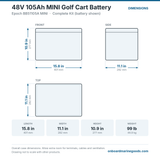 Epoch 48V 105Ah MINI Golf Cart Battery BB51105A MINI dimensions: 15.8 x 11.1 x 10.9 in (401 x 282 x 277 mm), 99 lb