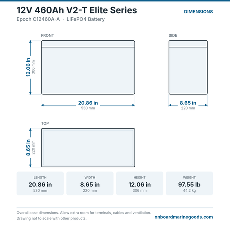 Epoch 12V 460Ah V2-T Elite Series C12460A-A battery dimensions: 20.86 x 8.65 x 12.06 in (530 x 220 x 306 mm), 97.55 lb