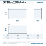 Epoch 12V 460Ah V2 Elite Series C12460A battery dimensions: 20.875 x 8.625 x 12 in (530 x 220 x 306 mm), 97 lb