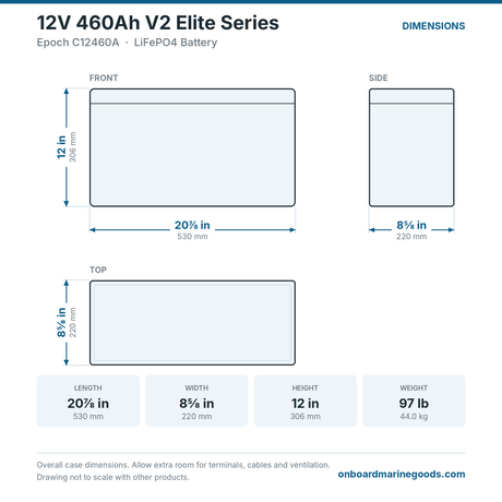 Epoch 12V 460Ah V2 Elite Series C12460A battery dimensions: 20.875 x 8.625 x 12 in (530 x 220 x 306 mm), 97 lb
