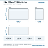 Epoch 24V 230Ah V2 Elite Series C24230A battery dimensions: 20.86 x 8.65 x 12.06 in (530 x 220 x 306 mm), 97 lb