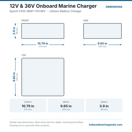 Epoch 12V & 36V Onboard Marine Charger CHG-2BAY-12V36V dimensions: 10.79 x 9.65 x 3.9 in (274 x 245 x 99 mm)