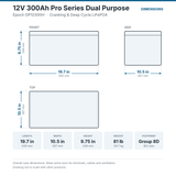 Epoch 12V 300Ah Pro Series Dual Purpose DP12300H battery dimensions: 19.7 x 10.5 x 9.75 in (500 x 267 x 248 mm), 81 lb