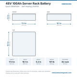Epoch 48V 100Ah Server Rack Battery SR48100H dimensions: 17.4 x 18.1 x 5.2 in (442 x 460 x 134 mm), 101 lb