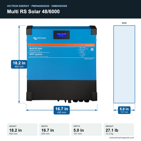 Victron Multi RS Solar 48/6000 PMR482602020 dimensions: 18.2 x 16.7 x 5.0 in (462 x 425 x 127 mm), 27.1 lb