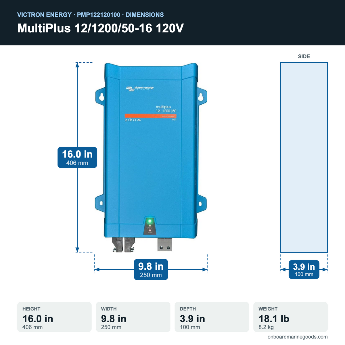 Victron MultiPlus 12/1200/50-16 120V PMP122120100 dimensions: 16.0 x 9.8 x 3.9 in (406 x 250 x 100 mm), 18.1 lb