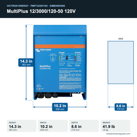 Victron MultiPlus 12/3000/120-50 120V PMP122301102 dimensions: 14.3 x 10.2 x 8.6 in (362 x 258 x 218 mm), 41.9 lb
