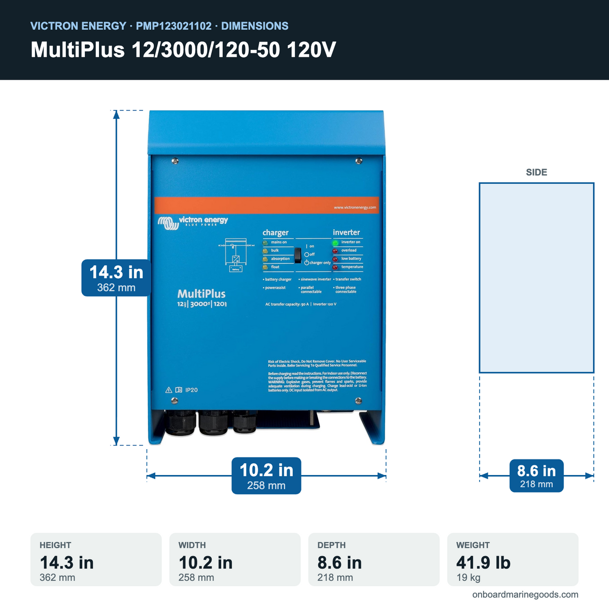 Victron MultiPlus 12/3000/120-50 120V PMP123021102 dimensions: 14.3 x 10.2 x 8.6 in (362 x 258 x 218 mm), 41.9 lb