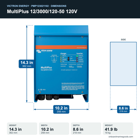Victron MultiPlus 12/3000/120-50 120V PMP123021102 dimensions: 14.3 x 10.2 x 8.6 in (362 x 258 x 218 mm), 41.9 lb
