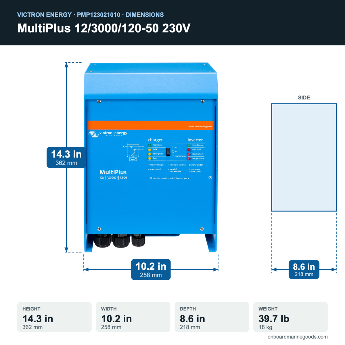 Victron MultiPlus 12/3000/120-50 230V PMP123021010 dimensions: 14.3 x 10.2 x 8.6 in (362 x 258 x 218 mm), 39.7 lb