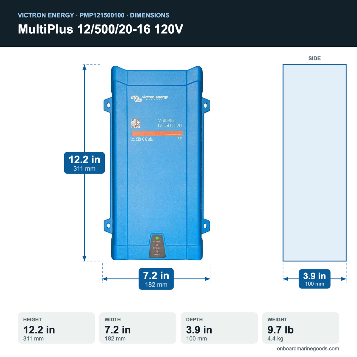 Victron MultiPlus 12/500/20-16 120V PMP121500100 dimensions: 12.2 x 7.2 x 3.9 in (311 x 182 x 100 mm), 9.7 lb