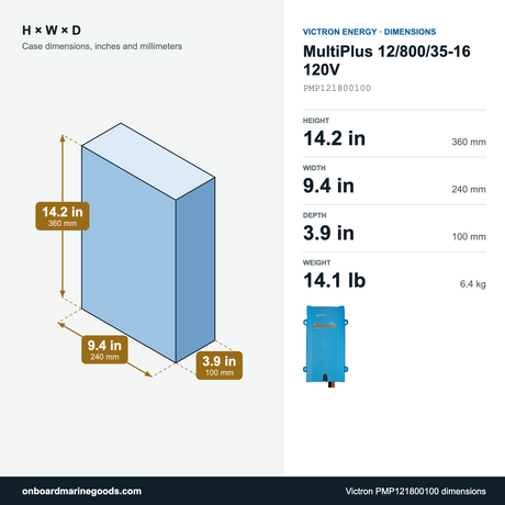 Victron MultiPlus 12/800/35-16 120V PMP121800100 dimensions: 14.2 x 9.4 x 3.9 in (360 x 240 x 100 mm), 14.1 lb