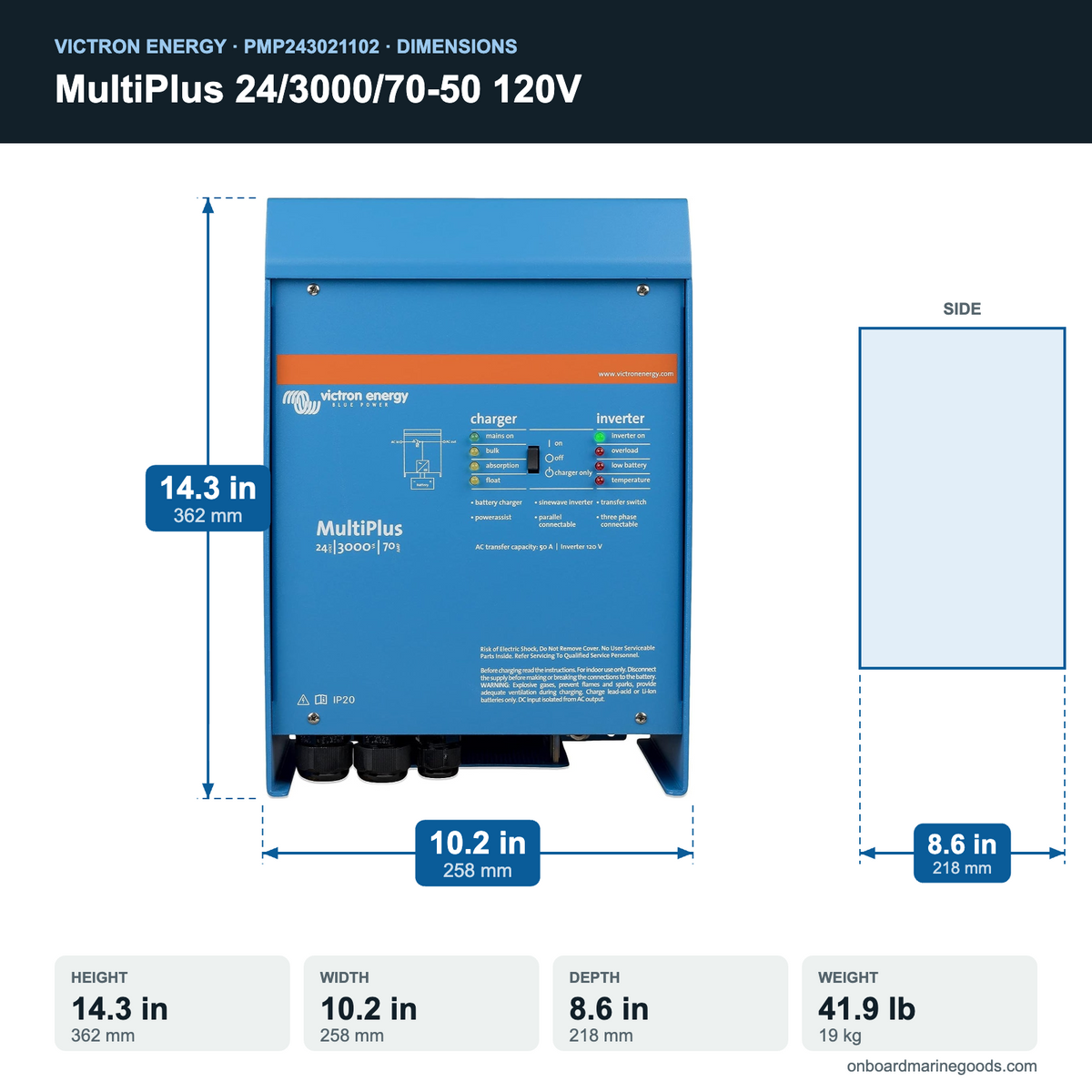 Victron MultiPlus 24/3000/70-50 120V PMP243021102 dimensions: 14.3 x 10.2 x 8.6 in (362 x 258 x 218 mm), 41.9 lb