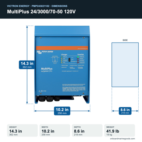 Victron MultiPlus 24/3000/70-50 120V PMP243021102 dimensions: 14.3 x 10.2 x 8.6 in (362 x 258 x 218 mm), 41.9 lb