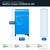 Victron MultiPlus Compact 12/2000/80-50 120V CMP122200102 dimensions: 20.5 x 10.0 x 4.9 in (520 x 255 x 125 mm), 28.7 lb