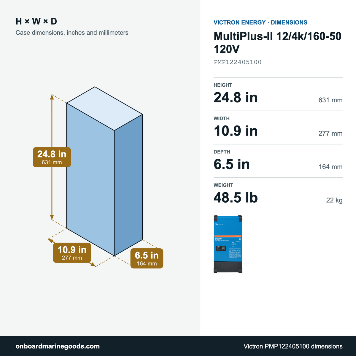 Victron MultiPlus-II 12/4k/160-50 120V PMP122405100 dimensions: 24.8 x 10.9 x 6.5 in (631 x 277 x 164 mm), 48.5 lb