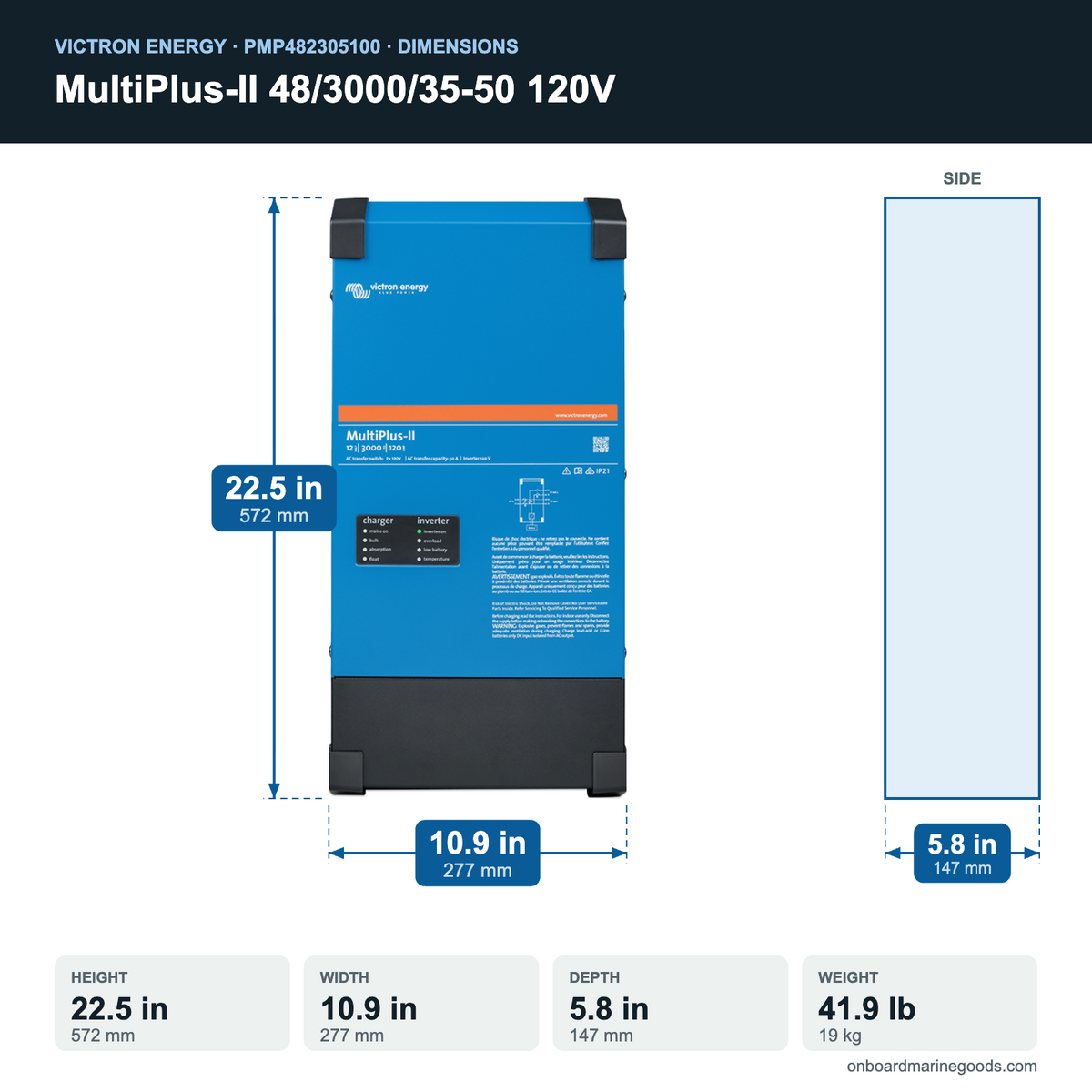 Victron MultiPlus-II 48/3000/35-50 120V PMP482305100 dimensions: 22.5 x 10.9 x 5.8 in (572 x 277 x 147 mm), 41.9 lb