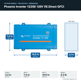 Victron Phoenix Inverter 12/250 120V VE.Direct GFCI PIN122510510 dimensions: 3.3 x 7.2 x 10.0 in (85 x 182 x 255 mm), 5.3 lb