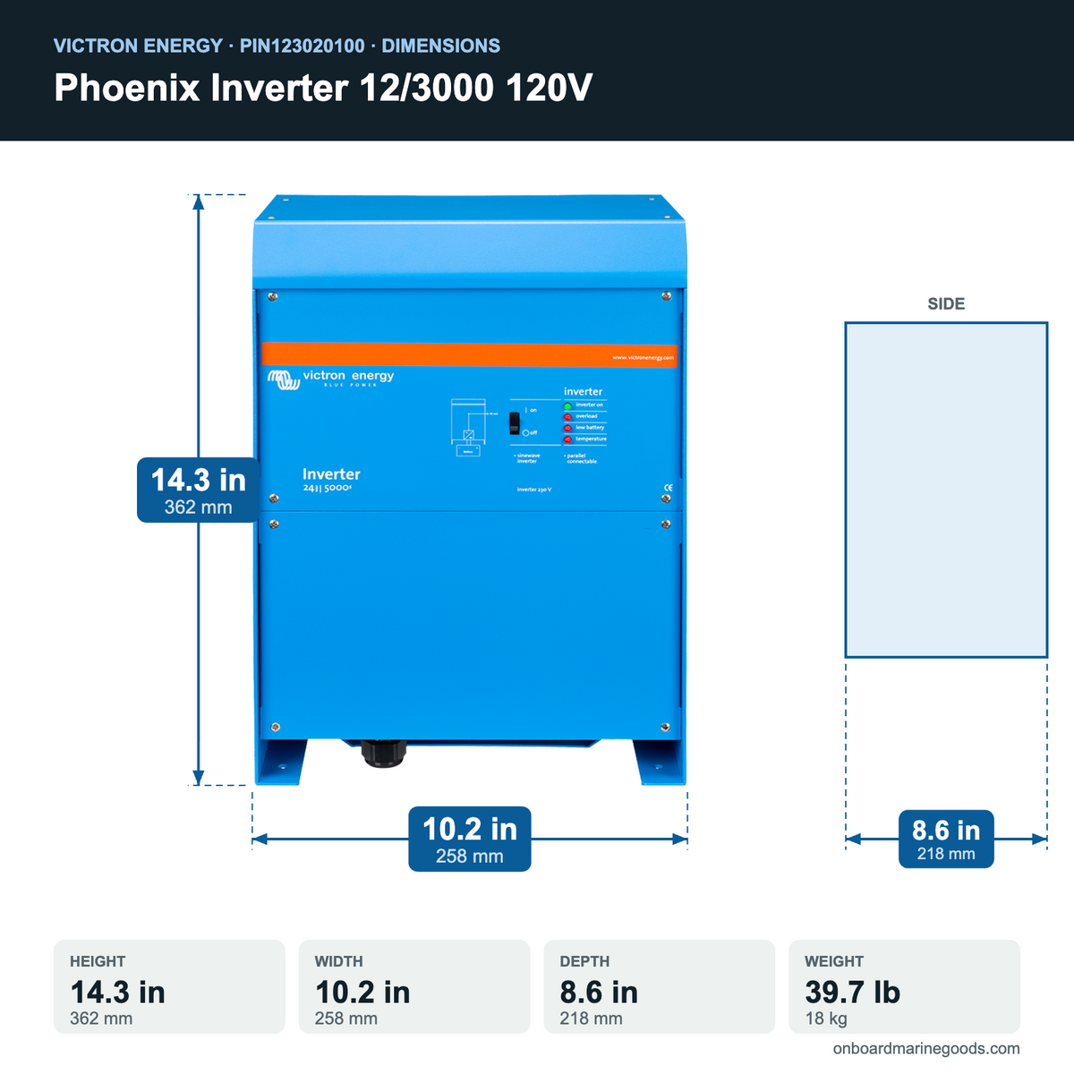 Victron Phoenix Inverter 12/3000 120V PIN123020100 dimensions: 14.3 x 10.2 x 8.6 in (362 x 258 x 218 mm), 39.7 lb