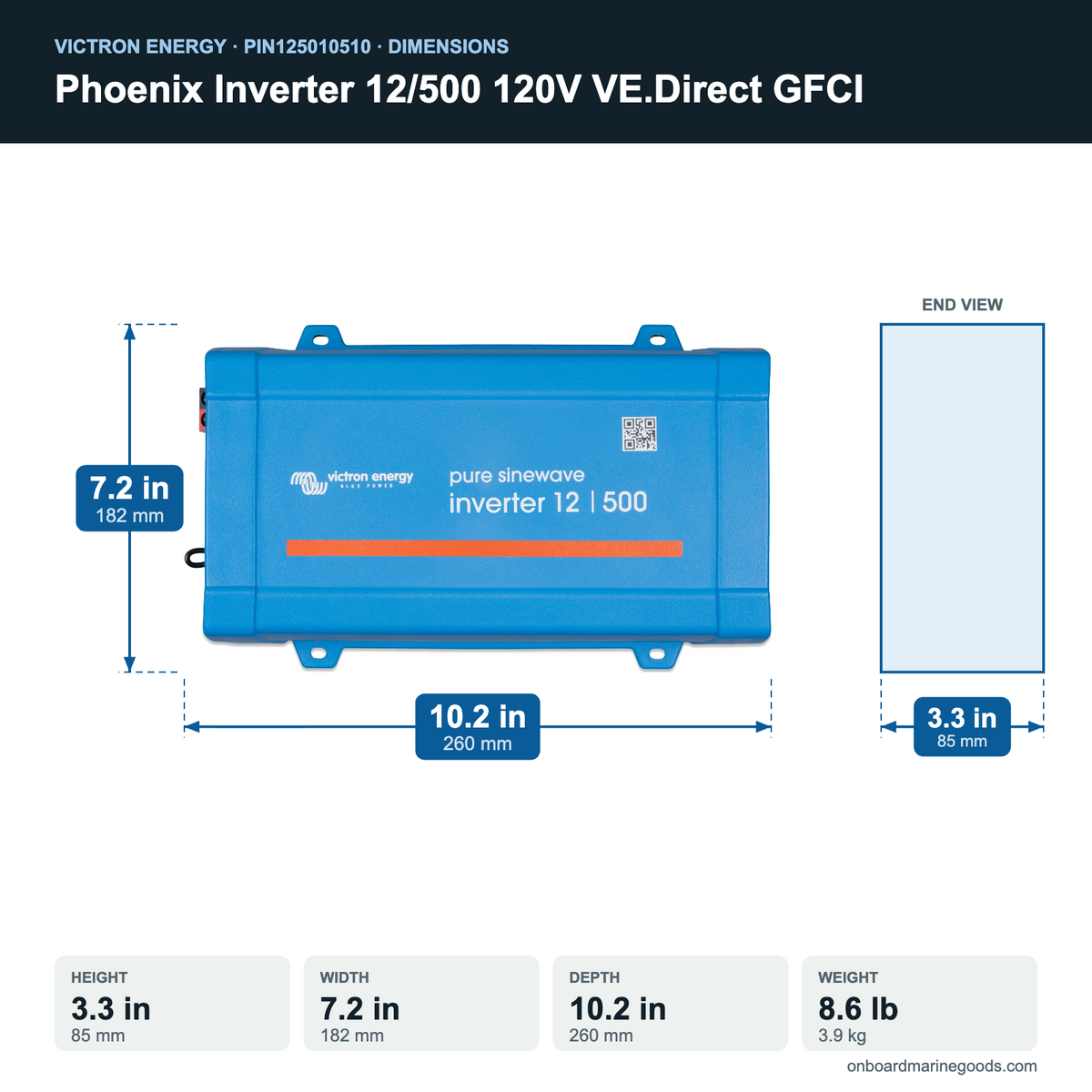 Victron Phoenix Inverter 12/500 120V VE.Direct GFCI PIN125010510 dimensions: 3.3 x 7.2 x 10.2 in (85 x 182 x 260 mm), 8.6 lb