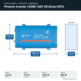 Victron Phoenix Inverter 12/500 120V VE.Direct GFCI PIN125010510 dimensions: 3.3 x 7.2 x 10.2 in (85 x 182 x 260 mm), 8.6 lb