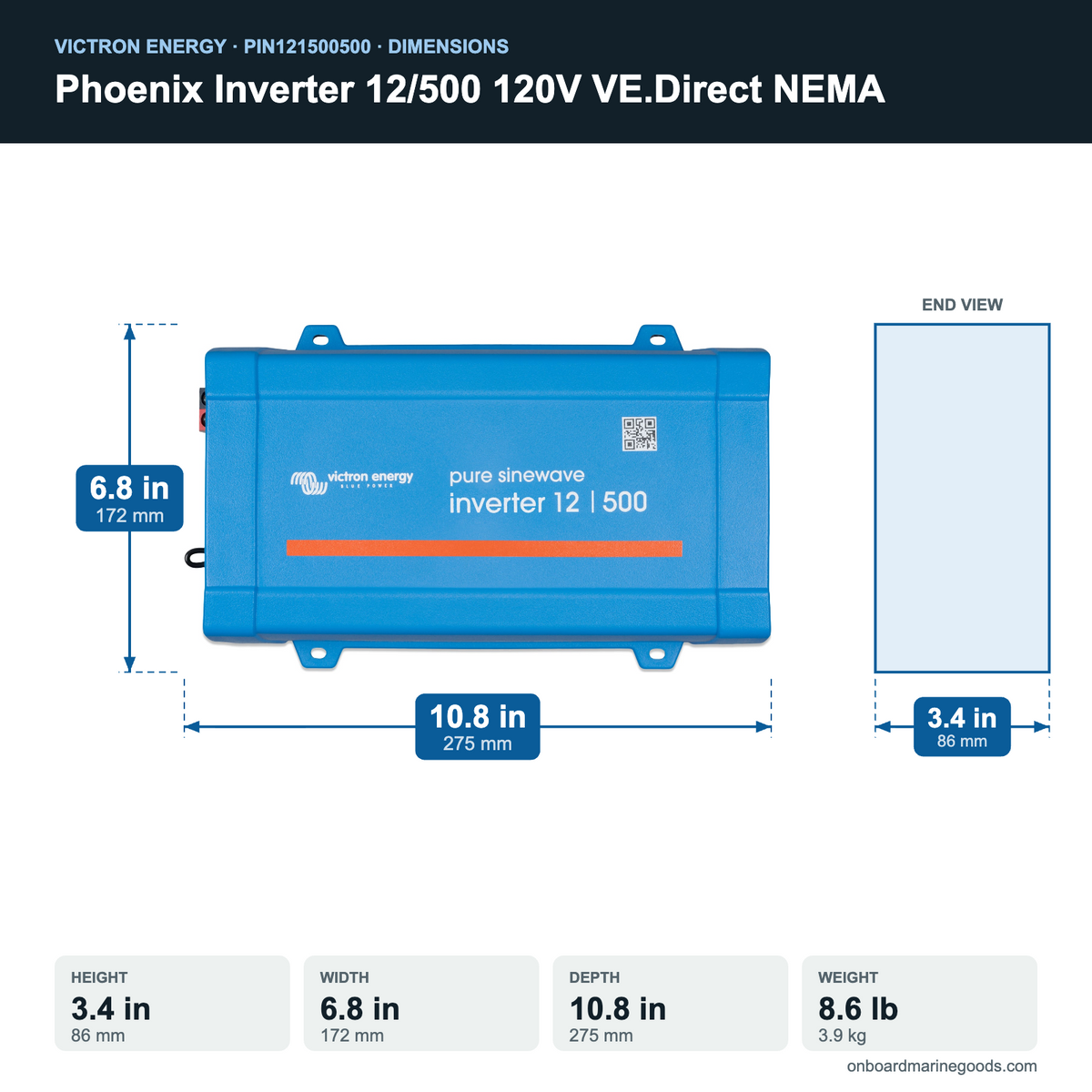 Victron Phoenix Inverter 12/500 120V VE.Direct NEMA PIN121500500 dimensions: 3.4 x 6.8 x 10.8 in (86 x 172 x 275 mm), 8.6 lb