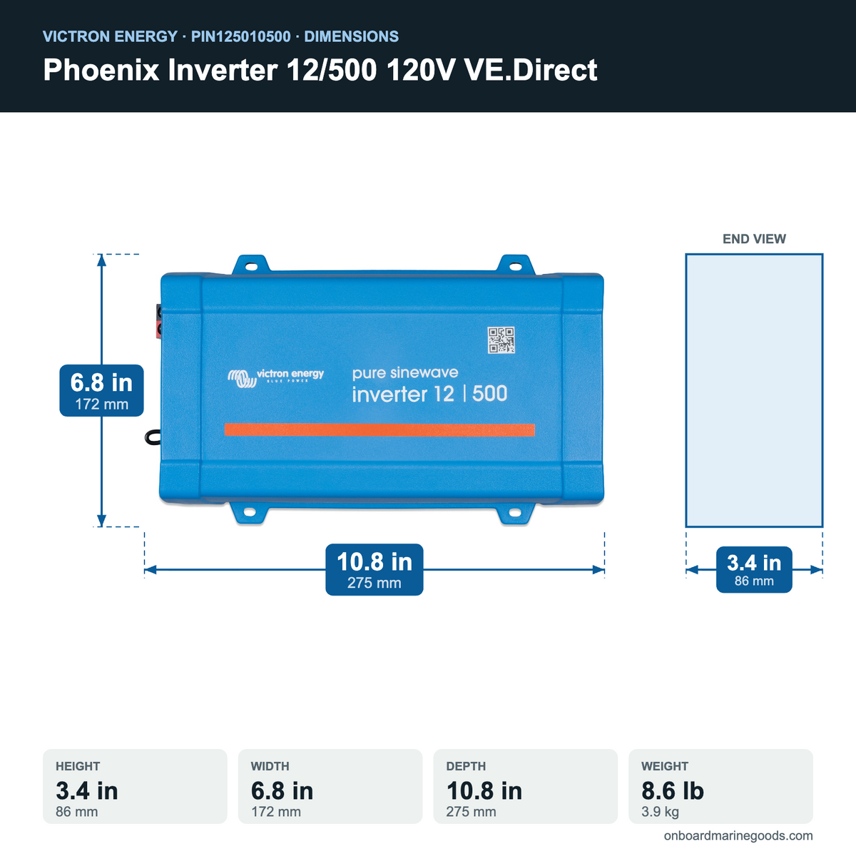 Victron Phoenix Inverter 12/500 120V VE.Direct PIN125010500 dimensions: 3.4 x 6.8 x 10.8 in (86 x 172 x 275 mm), 8.6 lb