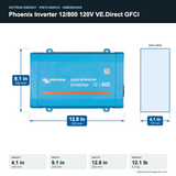 Victron Phoenix Inverter 12/800 120V VE.Direct GFCI PIN121800510 dimensions: 4.1 x 9.1 x 12.8 in (105 x 230 x 325 mm), 12.1 lb