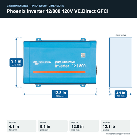 Victron Phoenix Inverter 12/800 120V VE.Direct GFCI PIN121800510 dimensions: 4.1 x 9.1 x 12.8 in (105 x 230 x 325 mm), 12.1 lb